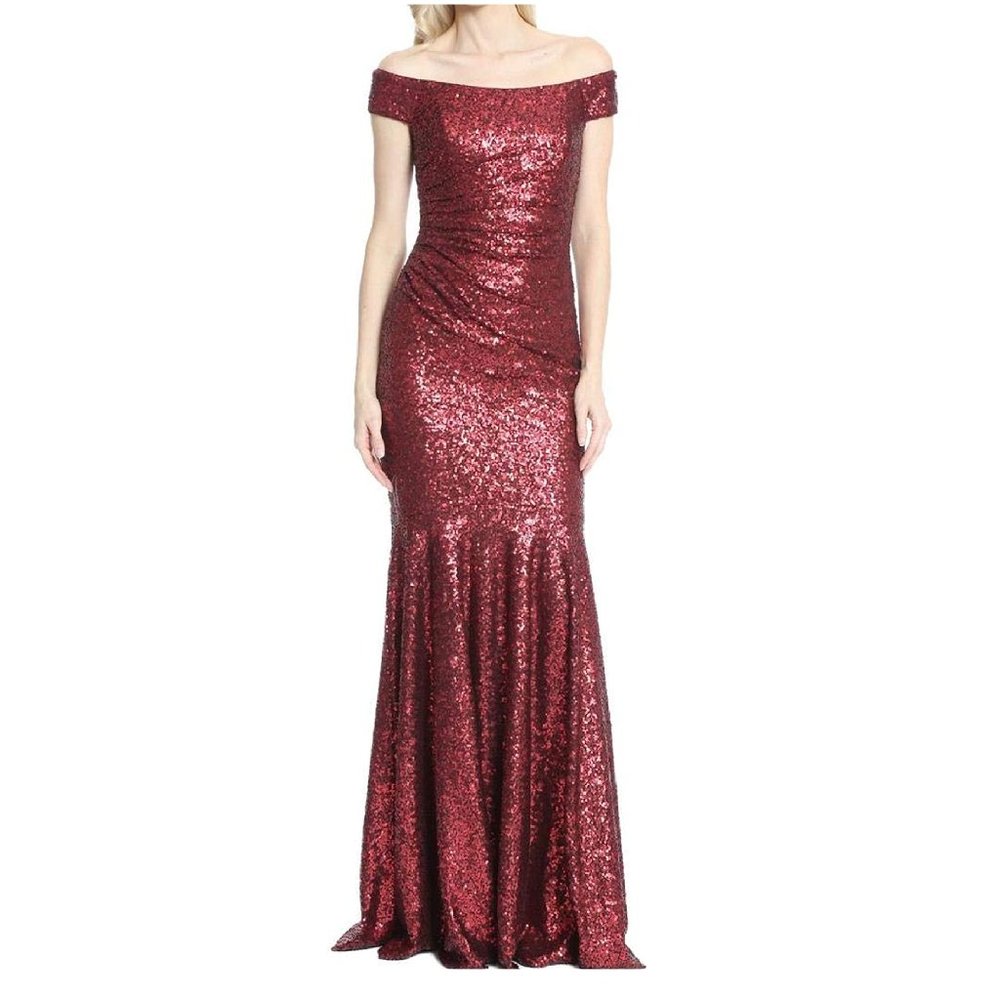 Badgley Mischka Burgundy Off Shoulder Sequin Gown